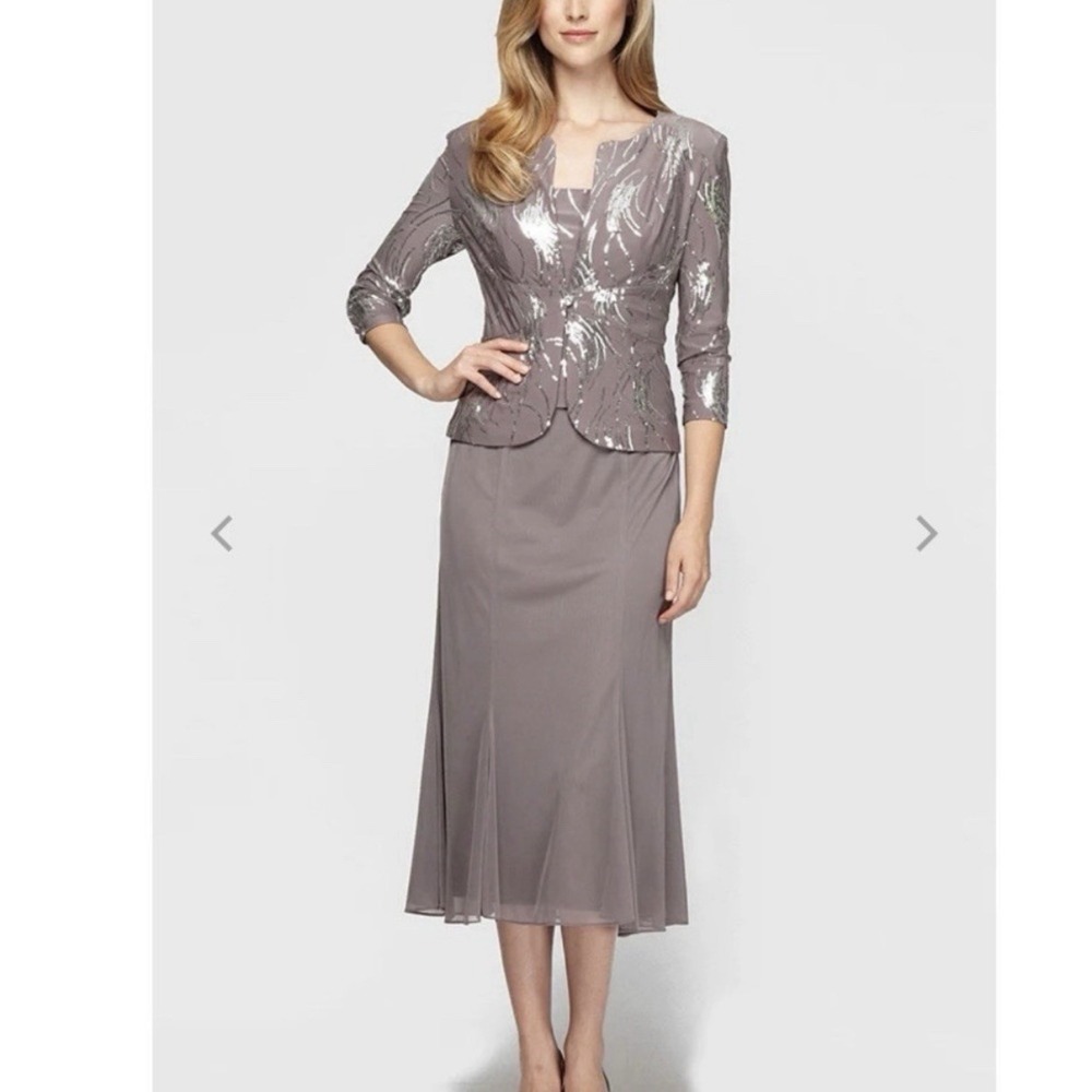 Alex Evenings Pewter Frost Sequin Two Piece Jacket Sleeveless‎ Midi Dress Size 6